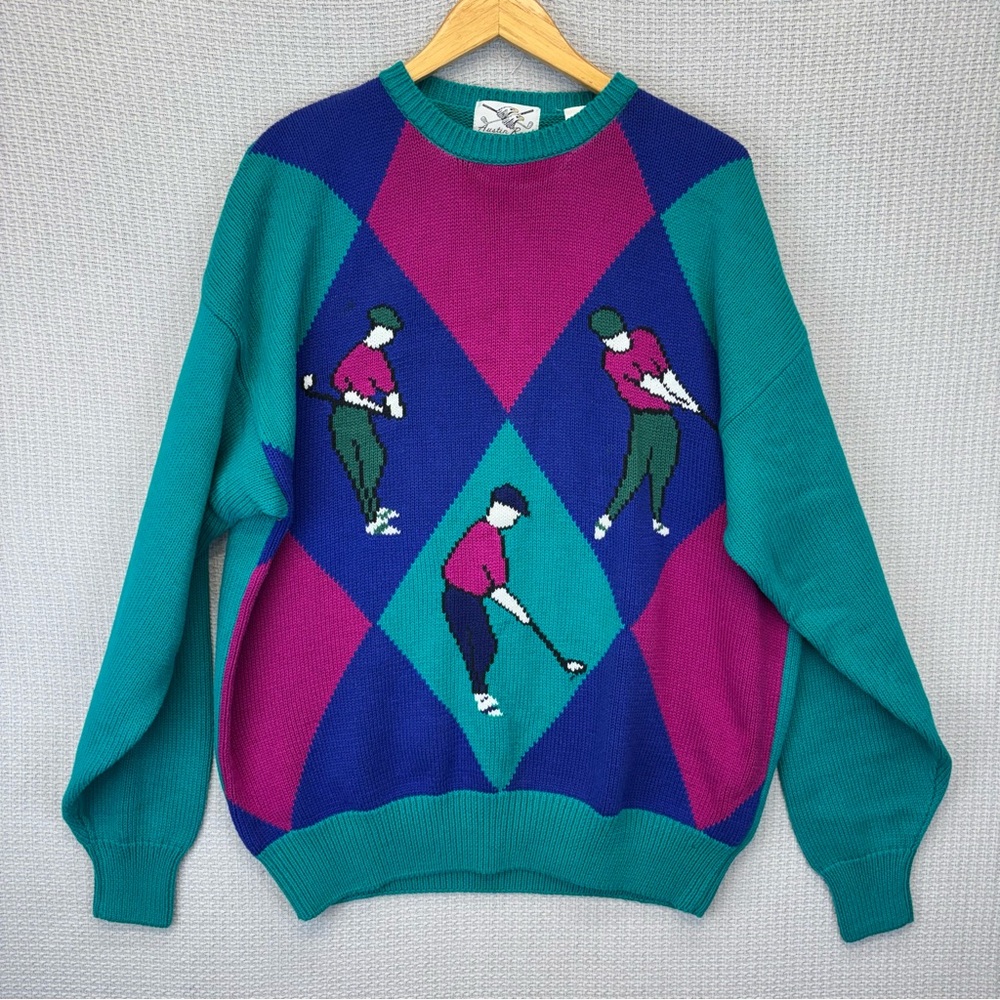 Vtg Austin Reed Mens Sweater Golf Argyle Eclectic Grandpa Cotton Blue XL